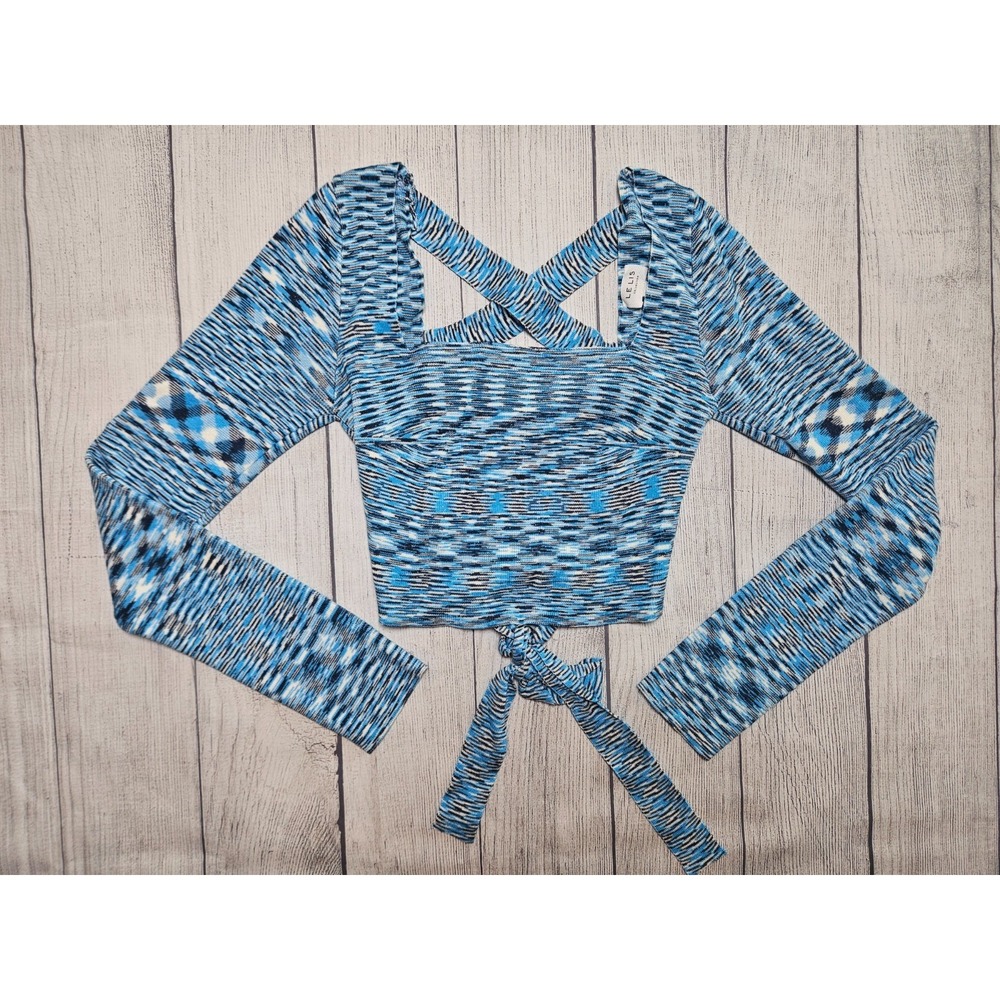 Le Lis Top Womens Small Blue Knit Criss Cross Back Tie Front Long Sleeve Crop